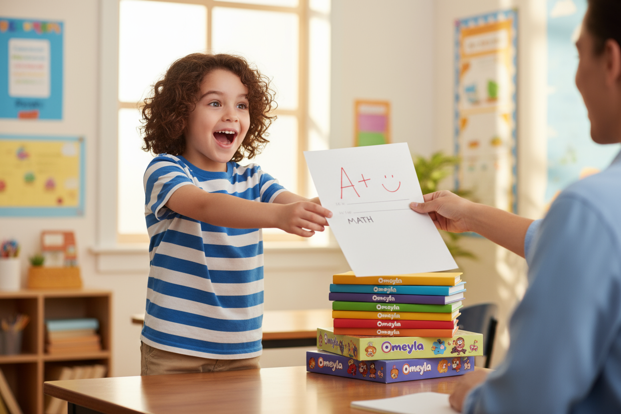 Fait moi un enfant entre 5 et 7 ans debout qui ressoit une note (il est tres tres heureux )( on voit le bras de la professeur lui donner ) c'est un A+ Et derriere l'enfant il y as une pile de livre marquer Omeyla et de boite de jeux marquer omeyla aussi 
