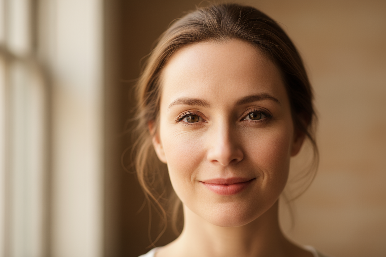 fait moi un visage de femme de la 30 aine une femme blanche juste le visage avec un petit sourrir 